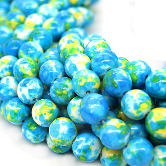 Dyed Mottled Jade Round Beads in Blue, Yellow, and White - Smooth Glossy Gemstone Beads, 6mm 8mm 10mm 12mm Sizes Available.