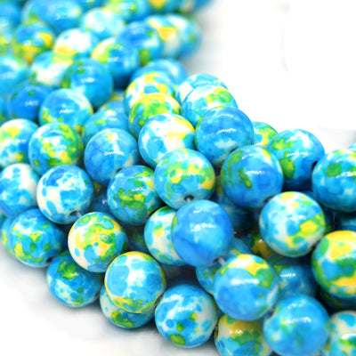 Dyed Mottled Jade Beads | Dyed Blue Yellow and White Round Gemstone Beads - 6mm 8mm 10mm 12mm Available