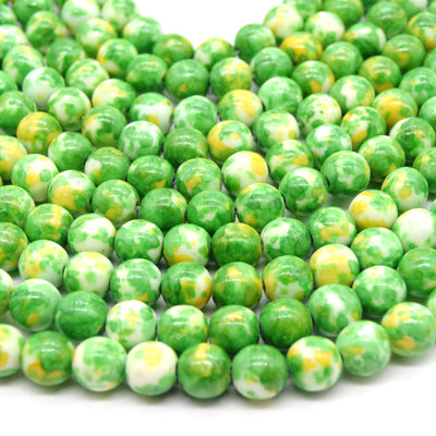 Dyed Mottled Jade Beads | Dyed Light Green Yellow and White Round Gemstone Beads - 6mm 8mm 10mm 12mm Available
