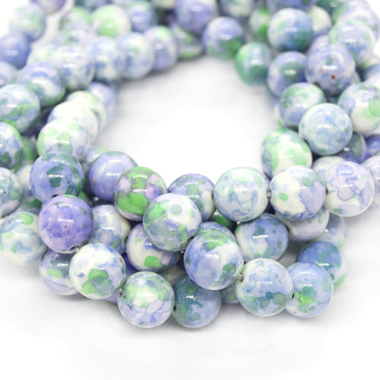 Dyed Mottled Jade Beads | Dyed Pale Blue Green and White Round Gemstone Beads - 8mm 10mm 12mm Available