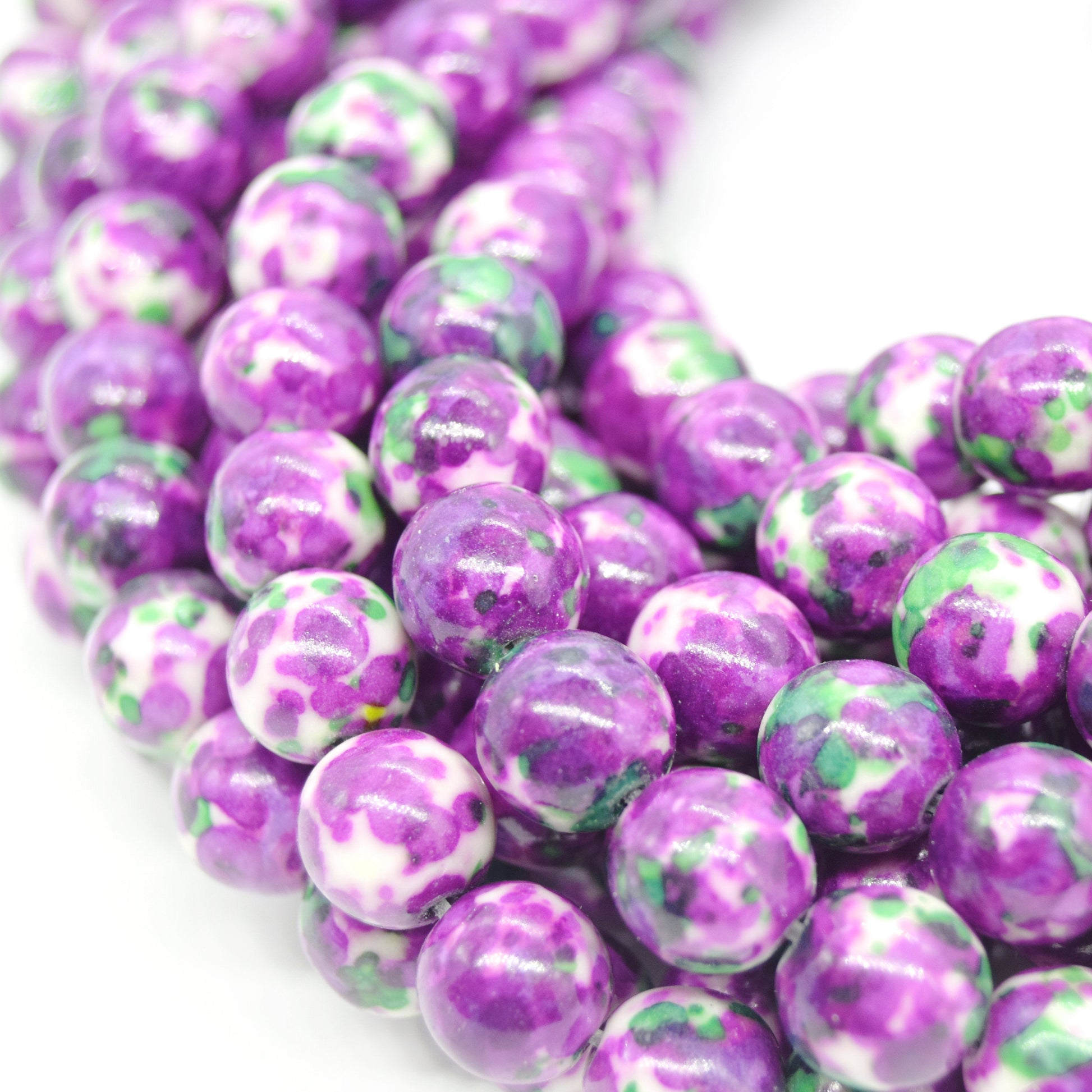 Dyed Mottled Jade Beads | Dyed Purple Green and White Round Gemstone Beads - 8mm 10mm 12mm Available