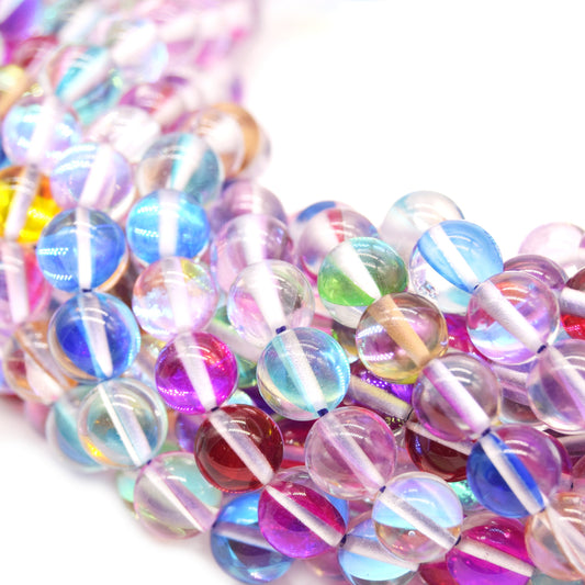 Synthetic Moonstone Beads | Mystic Aura Quartz Beads | Rainbow Holographic Glass Beads - 6mm 8mm 10mm 12mm Available