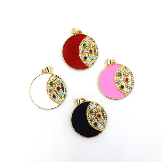 CZ Enamel Pendant | 23mm Enamel Half Moon with CZ Embellishment - White, Black, Red, Pink available