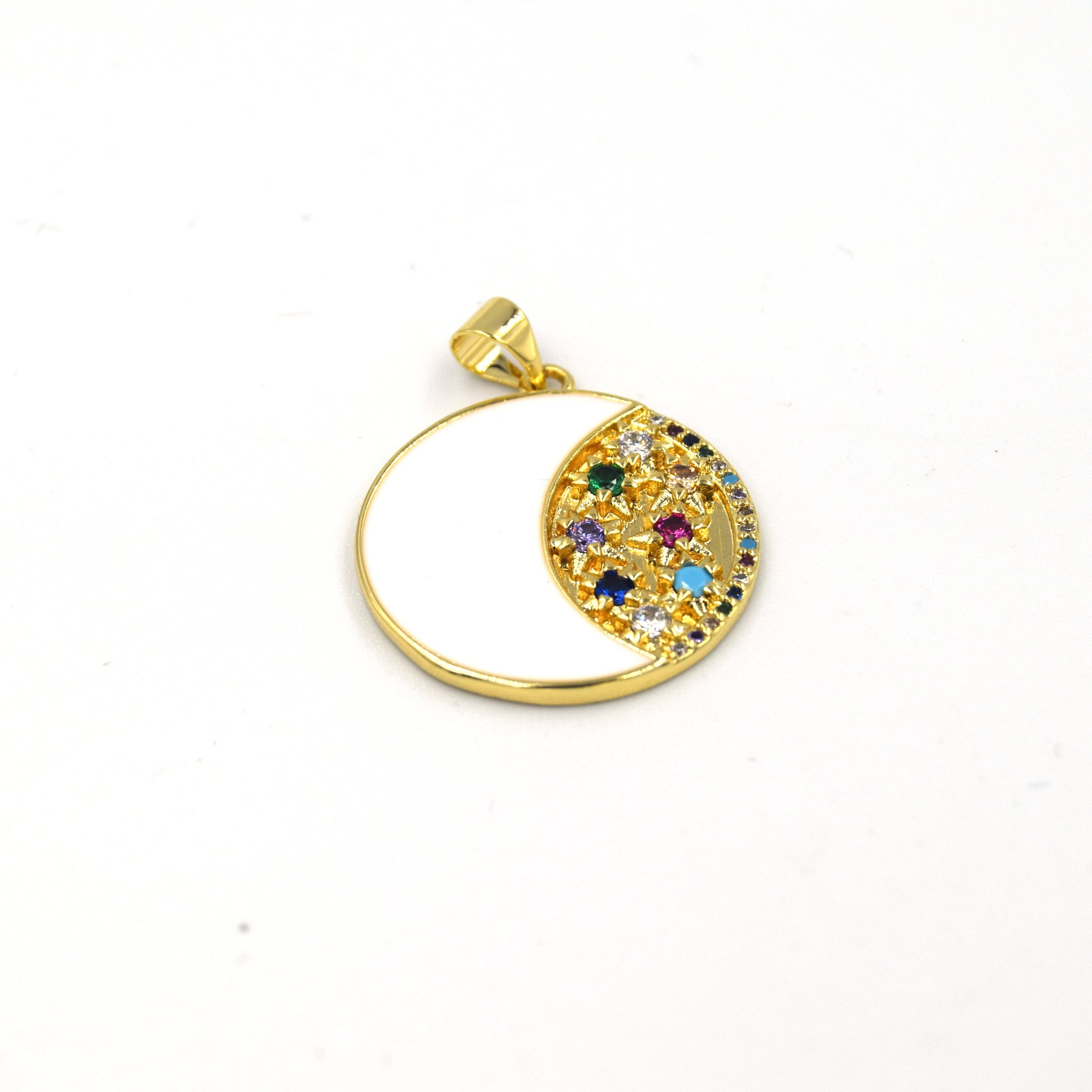CZ Enamel Pendant | 23mm Enamel Half Moon with CZ Embellishment - White, Black, Red, Pink available