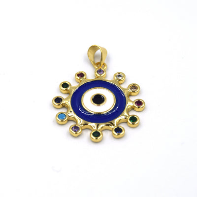 CZ and Enamel Brass Pendant | 25mm Enamel Evil Eye with Multicolor Cubic Zirconia - White, Blue, Red, Pink available