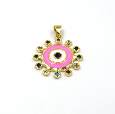 CZ and Enamel Brass Pendant | 25mm Enamel Evil Eye with Multicolor Cubic Zirconia - White, Blue, Red, Pink available