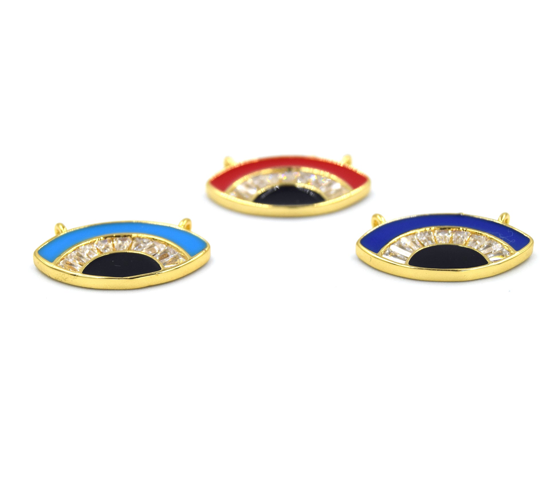 CZ and Enamel Brass Pendant | 20mm Enamel Evil Eye with White Cubic Zirconia - Blue and Red Available - Two Loops