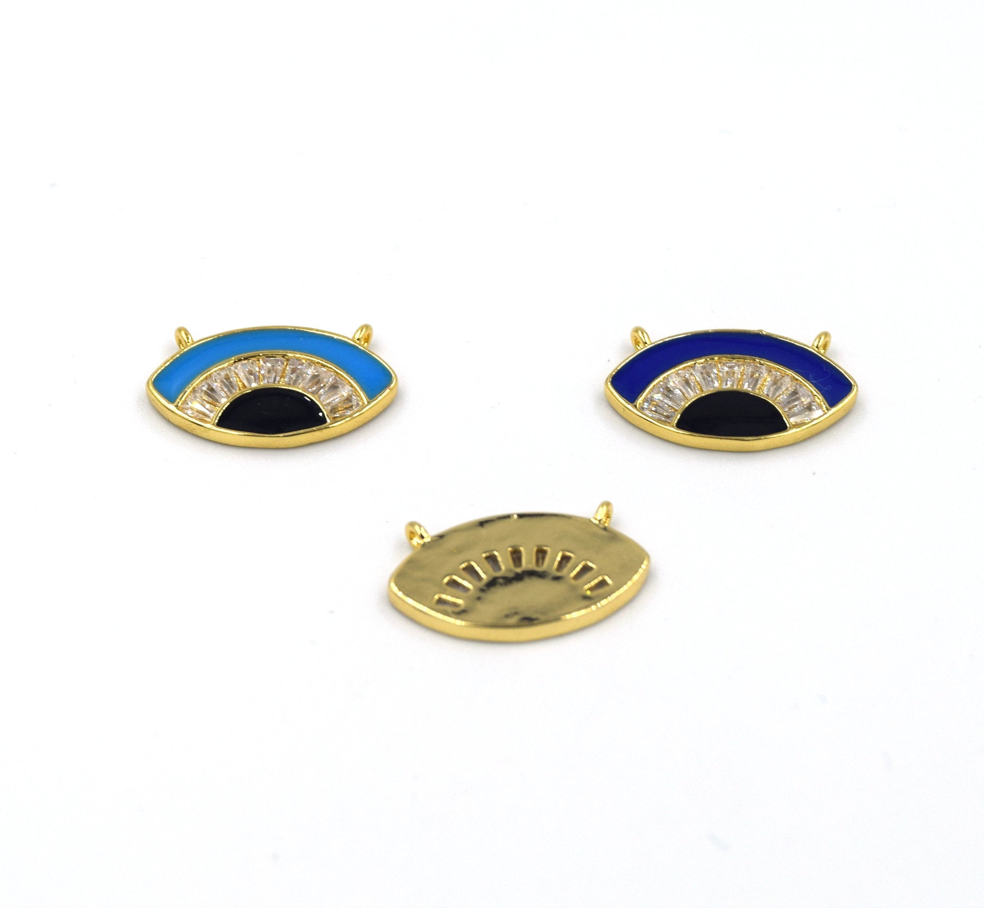 CZ and Enamel Brass Pendant | 20mm Enamel Evil Eye with White Cubic Zirconia - Blue and Red Available - Two Loops