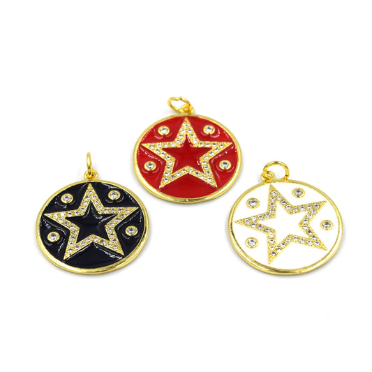 CZ Enamel Brass Pendant | 20mm Enamel Circle with CZ Star - White, Black, Red available