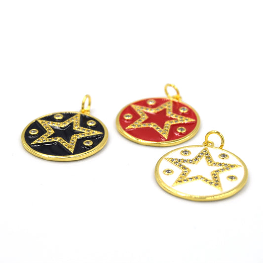CZ Enamel Brass Pendant | 20mm Enamel Circle with CZ Star - White, Black, Red available