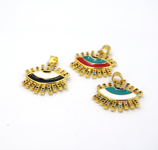 CZ Enamel Brass Pendant | 18mm Enamel Evil Eye with Multicolor CZ Rays - White, Black, Red available