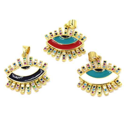 CZ Enamel Brass Pendant | 18mm Enamel Evil Eye with Multicolor CZ Rays - White, Black, Red available