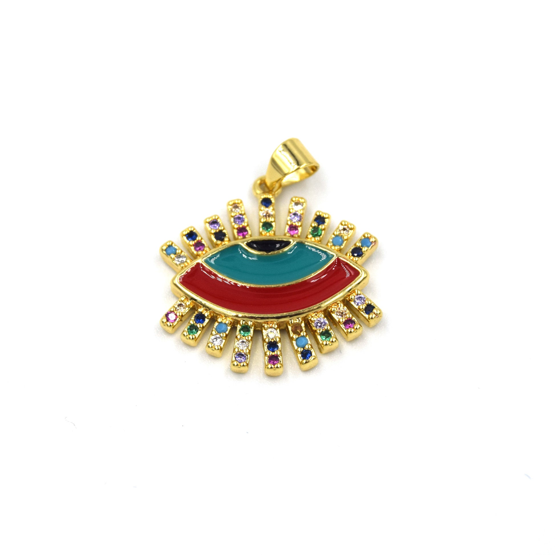 CZ Enamel Brass Pendant | 18mm Enamel Evil Eye with Multicolor CZ Rays - White, Black, Red available