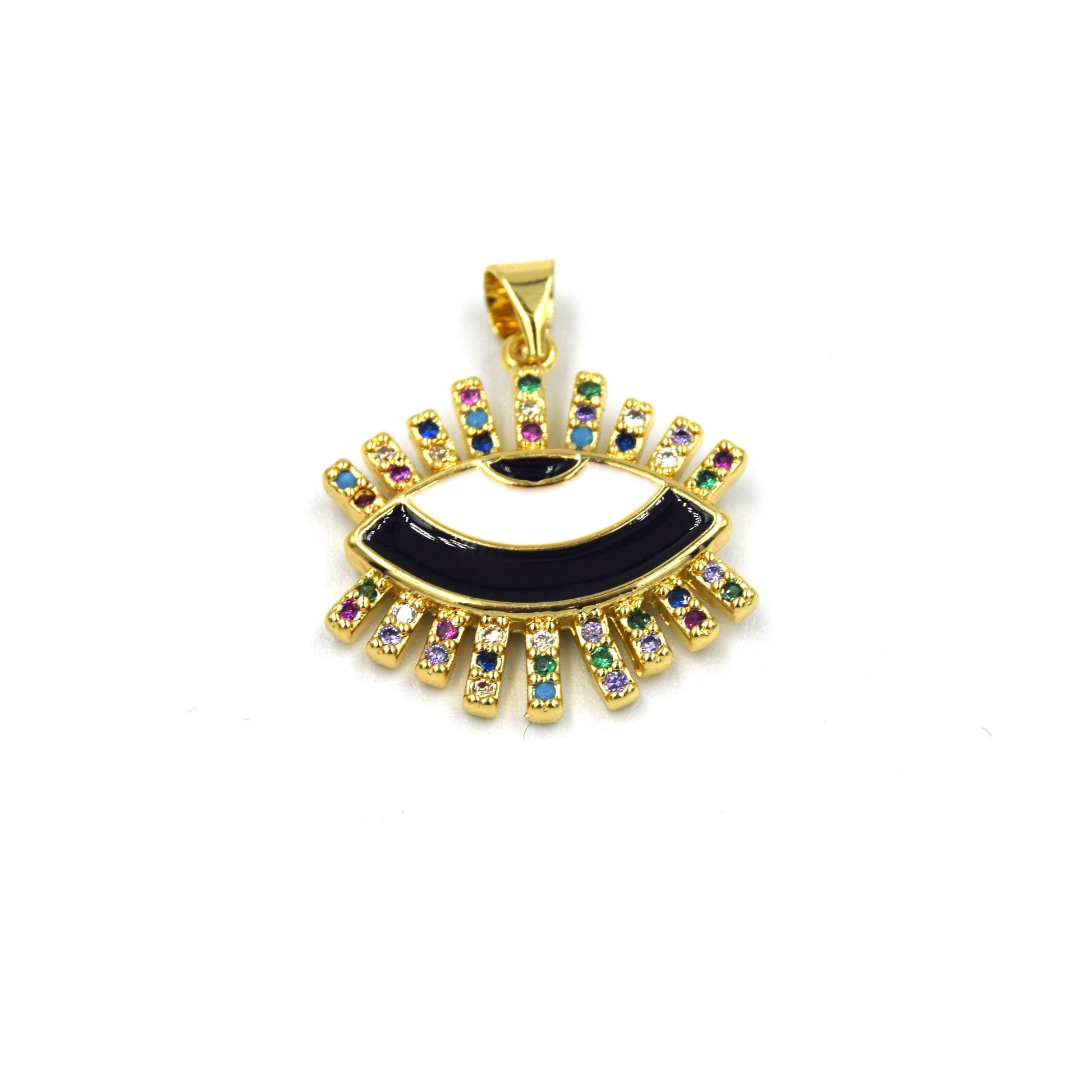 CZ Enamel Brass Pendant | 18mm Enamel Evil Eye with Multicolor CZ Rays - White, Black, Red available