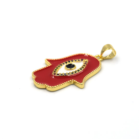 CZ Enamel Brass Pendant | 25mm Hamsa Shaped Pendant with Evil Eye - Red and Multicolor Cubic Zirconia