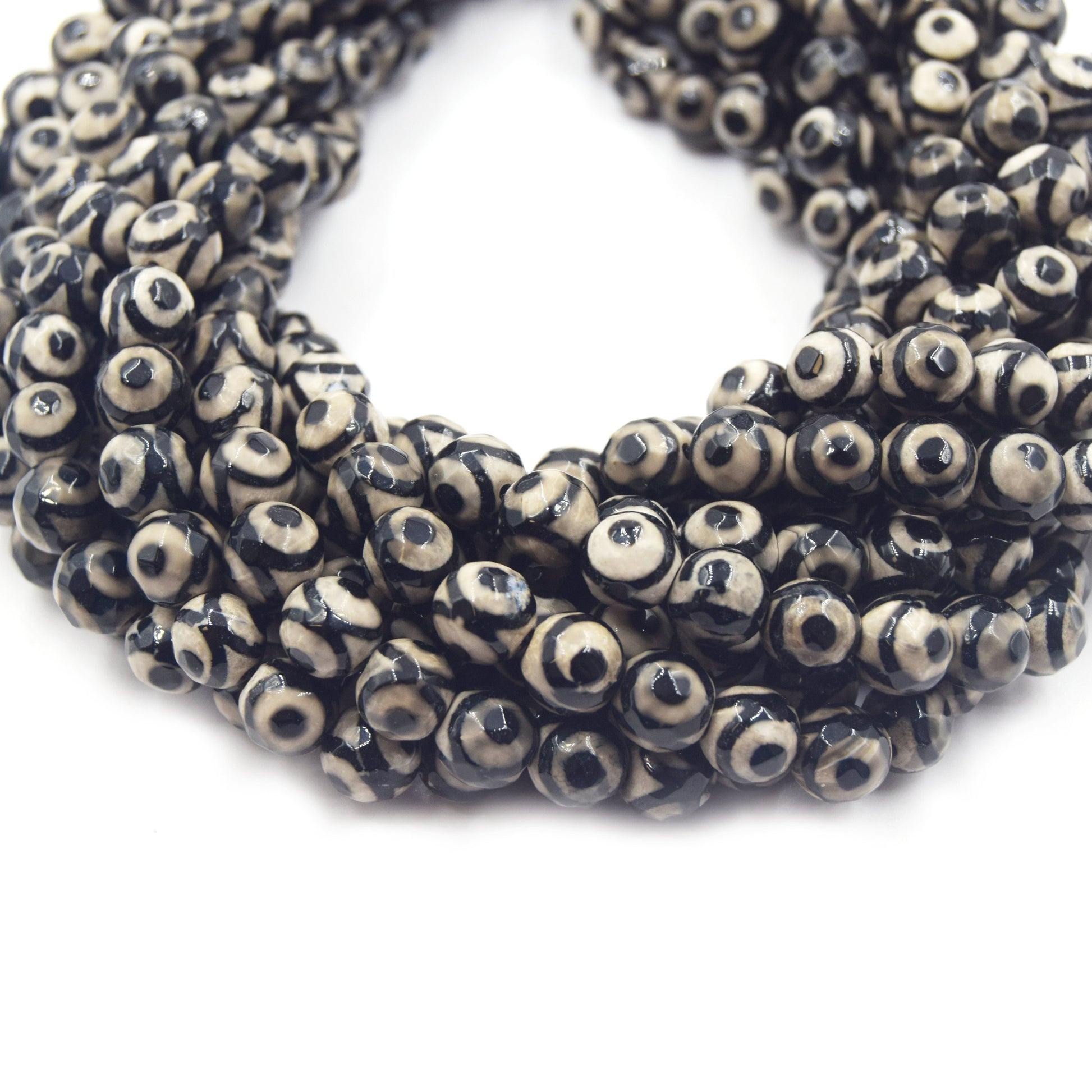 Tibetan Agate Beads | Dzi Beads | Dyed Cream Faceted Eye with Dot Round Gemstone Beads -6mm 8mm 10mm 12mm Available