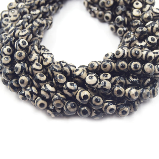 Tibetan Agate Beads | Dzi Beads | Dyed Cream Faceted Eye with Dot Round Gemstone Beads -6mm 8mm 10mm 12mm Available