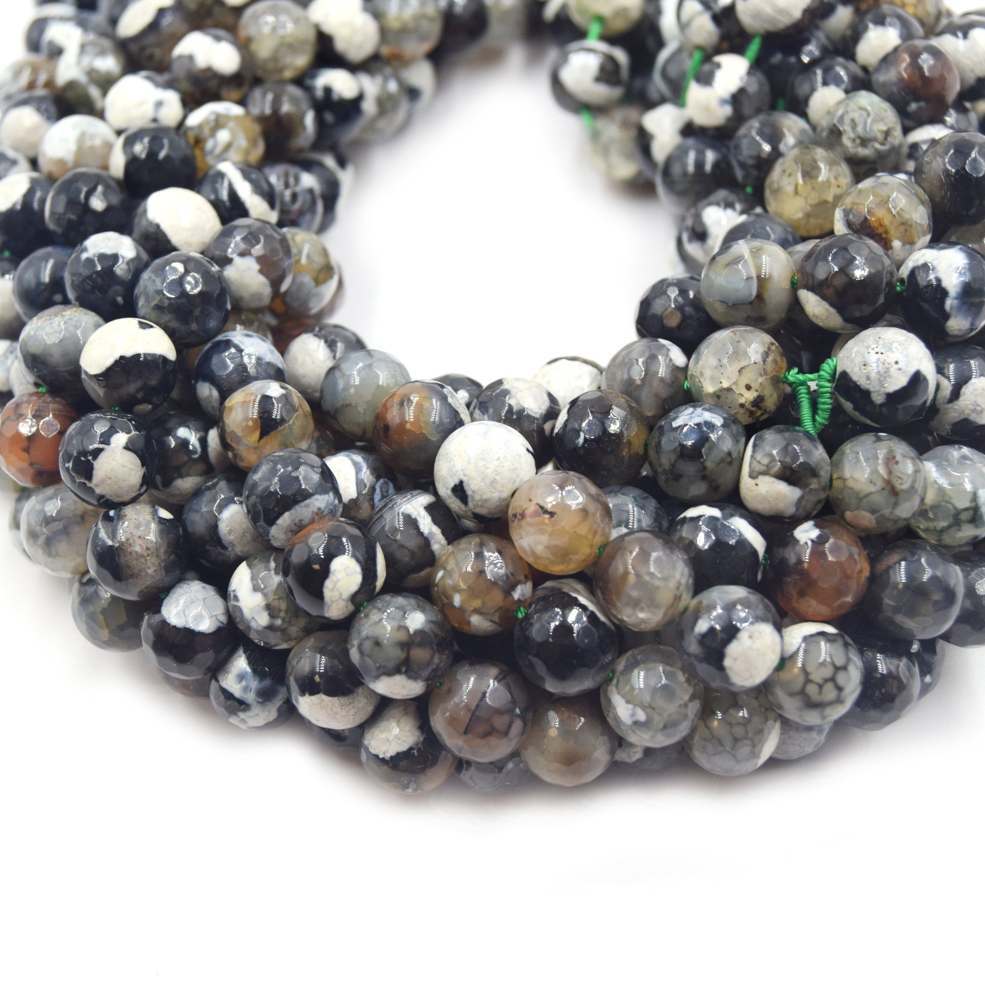 Fire Agate Beads | Dyed Black Brown White Mix Faceted Round Gemstone Beads - 8mm 10mm Available
