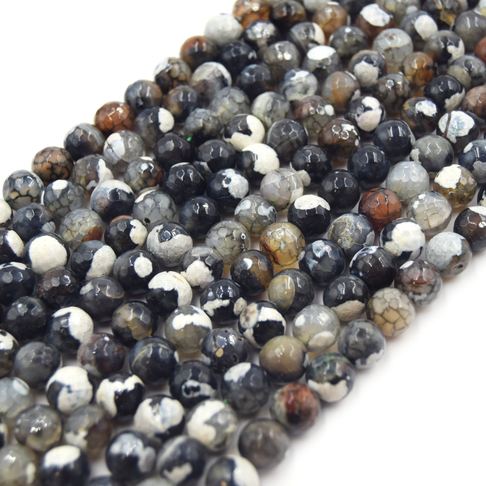 Fire Agate Beads | Dyed Black Brown White Mix Faceted Round Gemstone Beads - 8mm 10mm Available