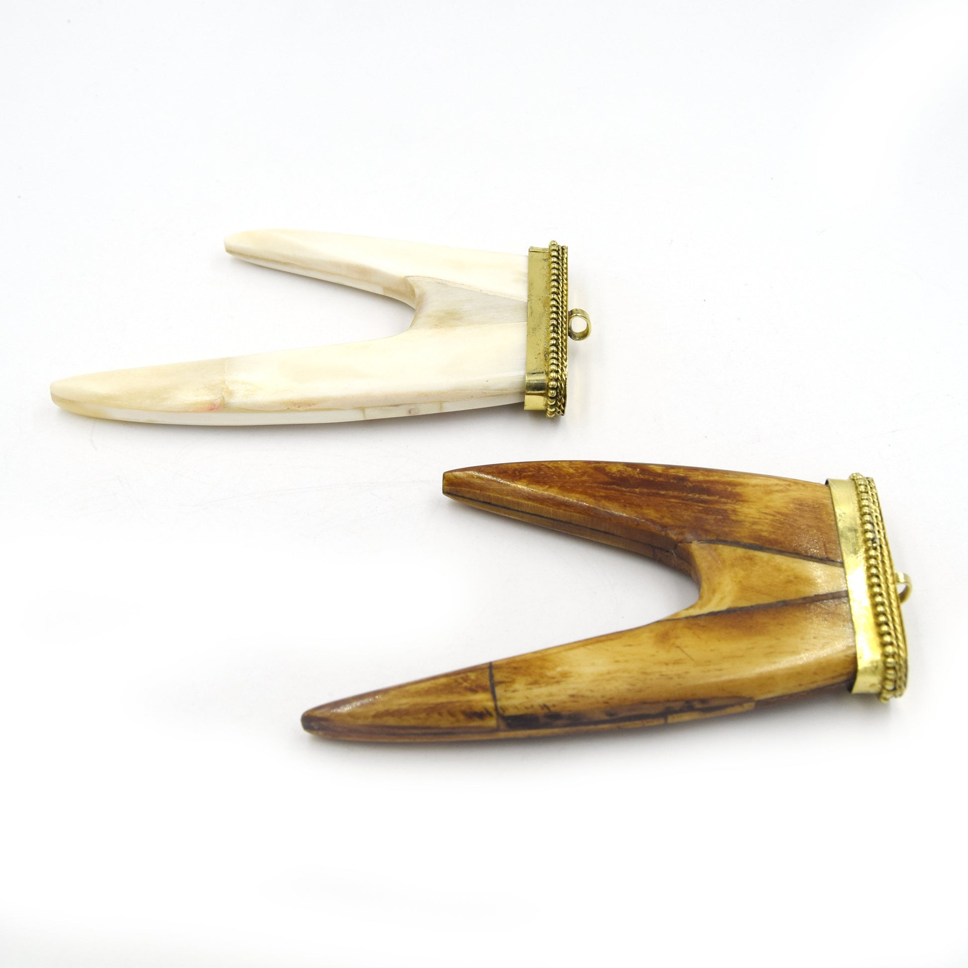 Bone Pendant | Flat Antler Tusk Shaped Natural Ox Bone Pendant with Dotted Gold Cap - 2 Colors available