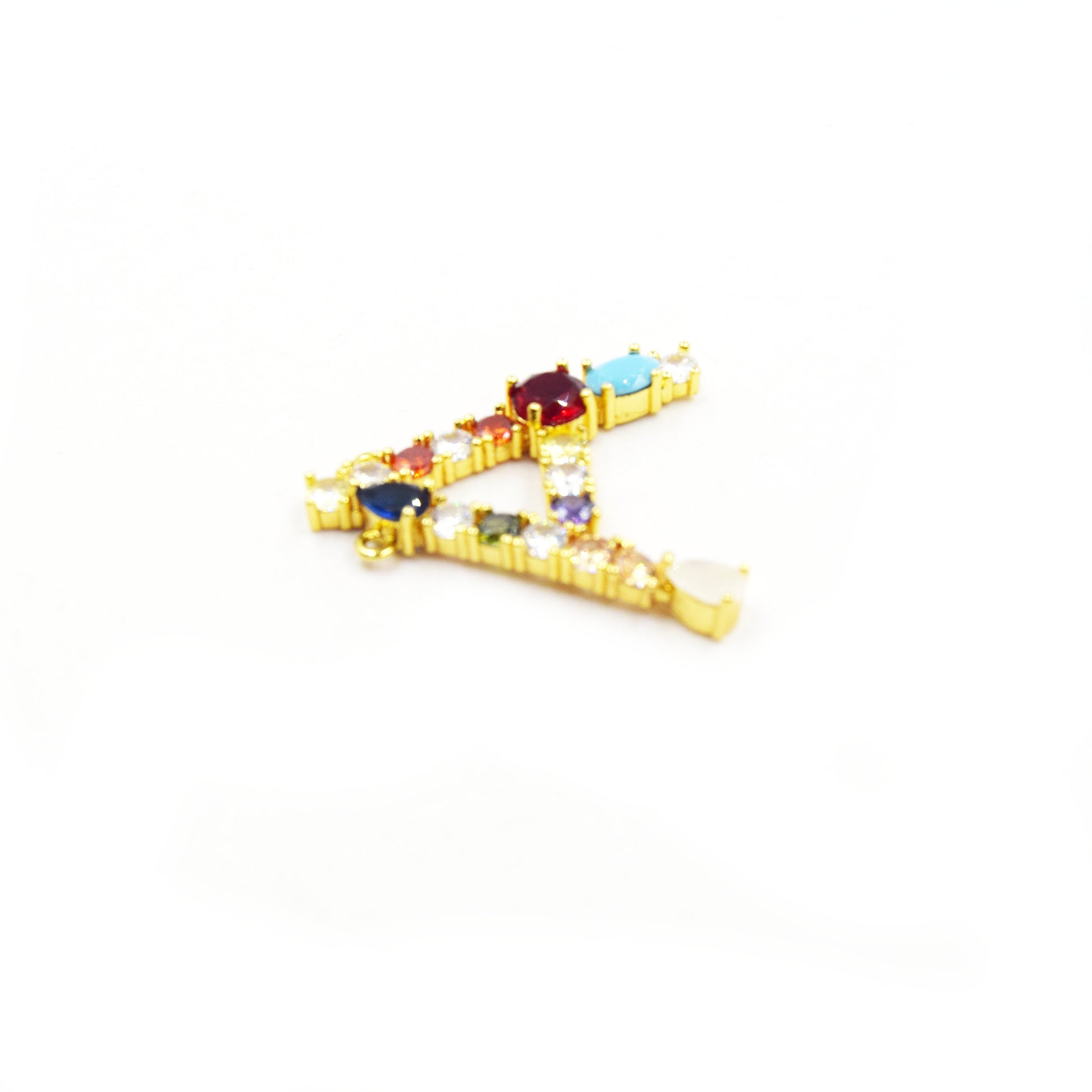 Gold Alphabet Rhinestone Pendant | Letter A Multi-color Rhinestone Pendant with Two Loops - 35mm x 40mm