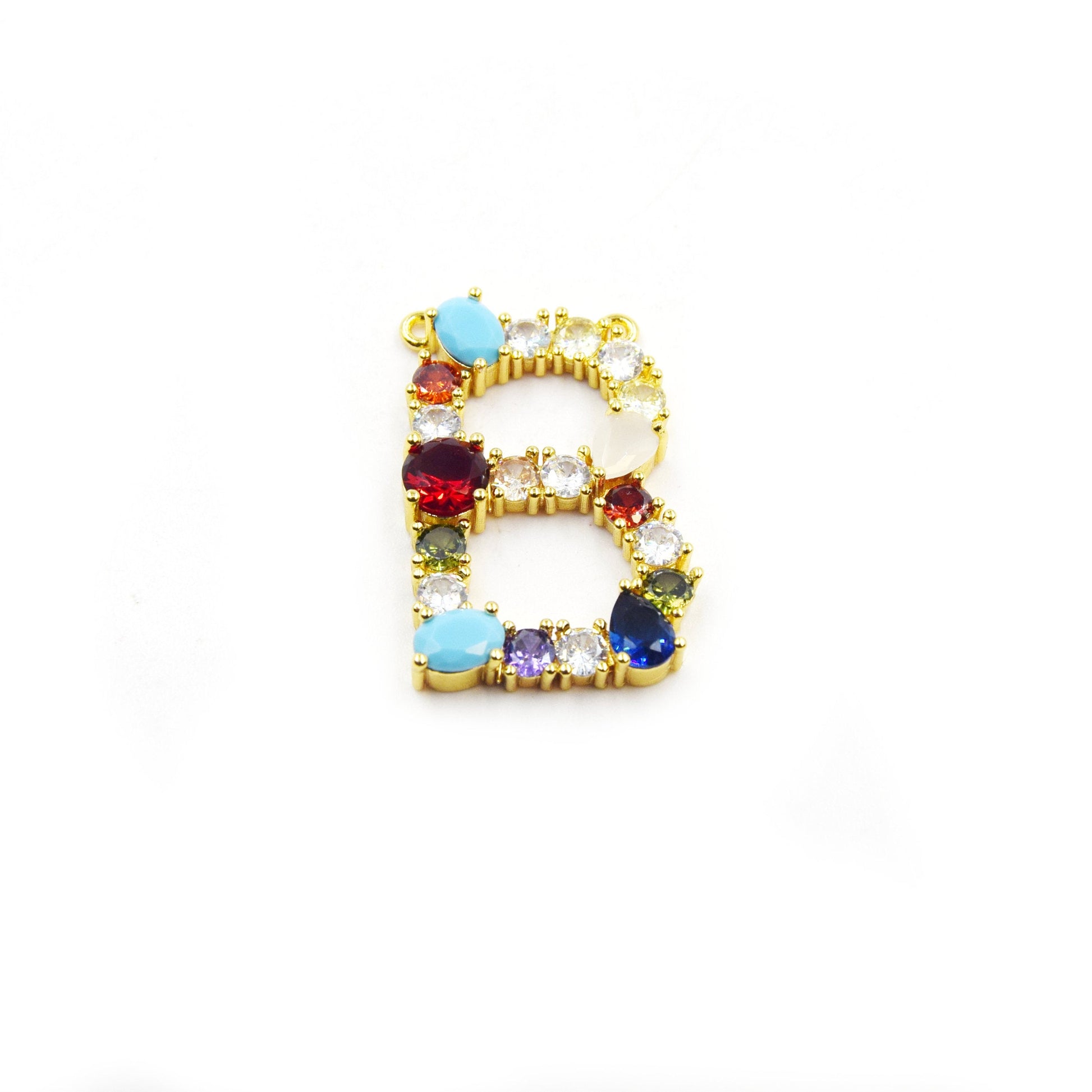 Gold Alphabet Rhinestone Pendant | Letter B Multi-color Rhinestone Pendant with Two Loops - 22mm x 35mm