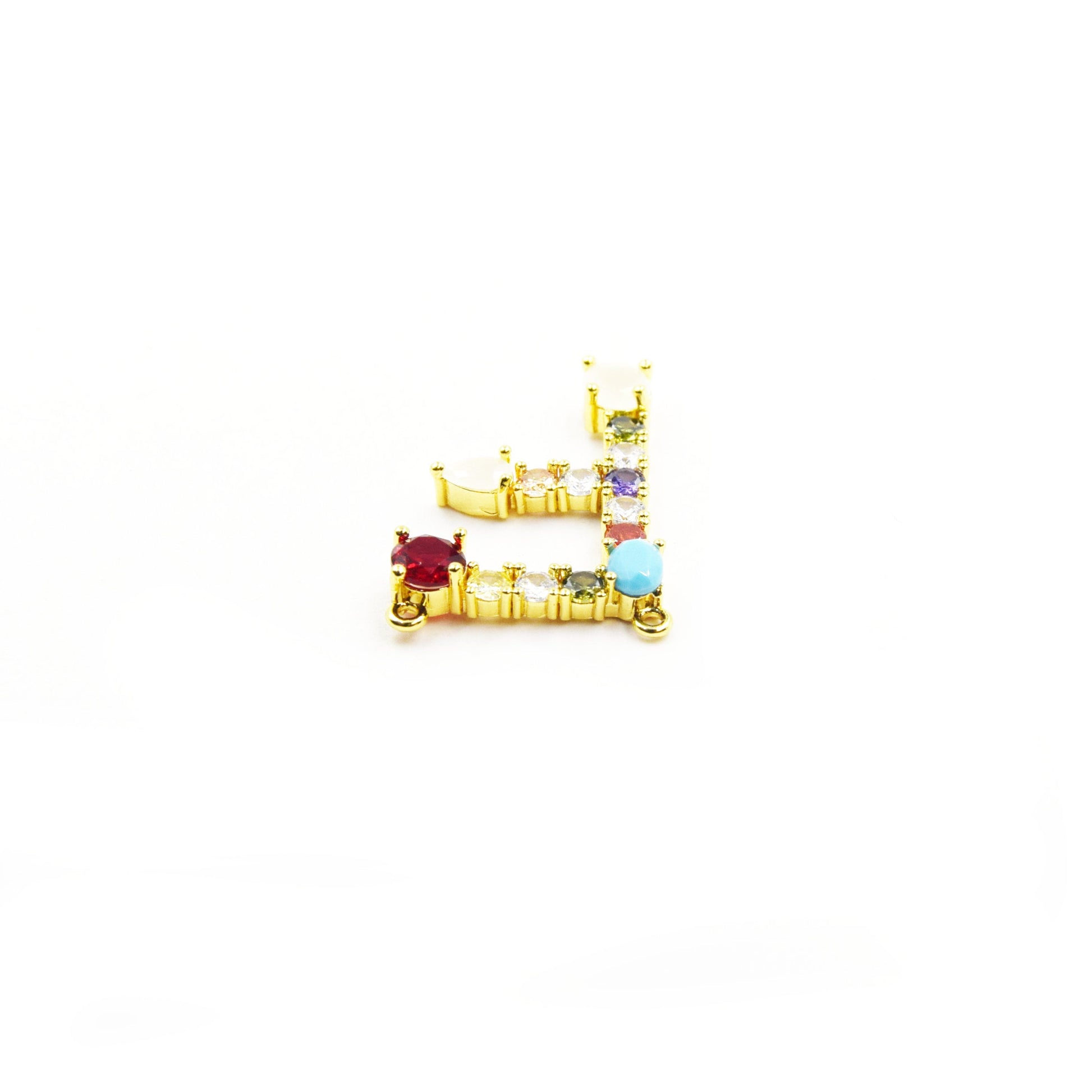Gold Alphabet Rhinestone Pendant | Letter F Multi-color Rhinestone Pendant with Two Loops - 25mm x 40mm