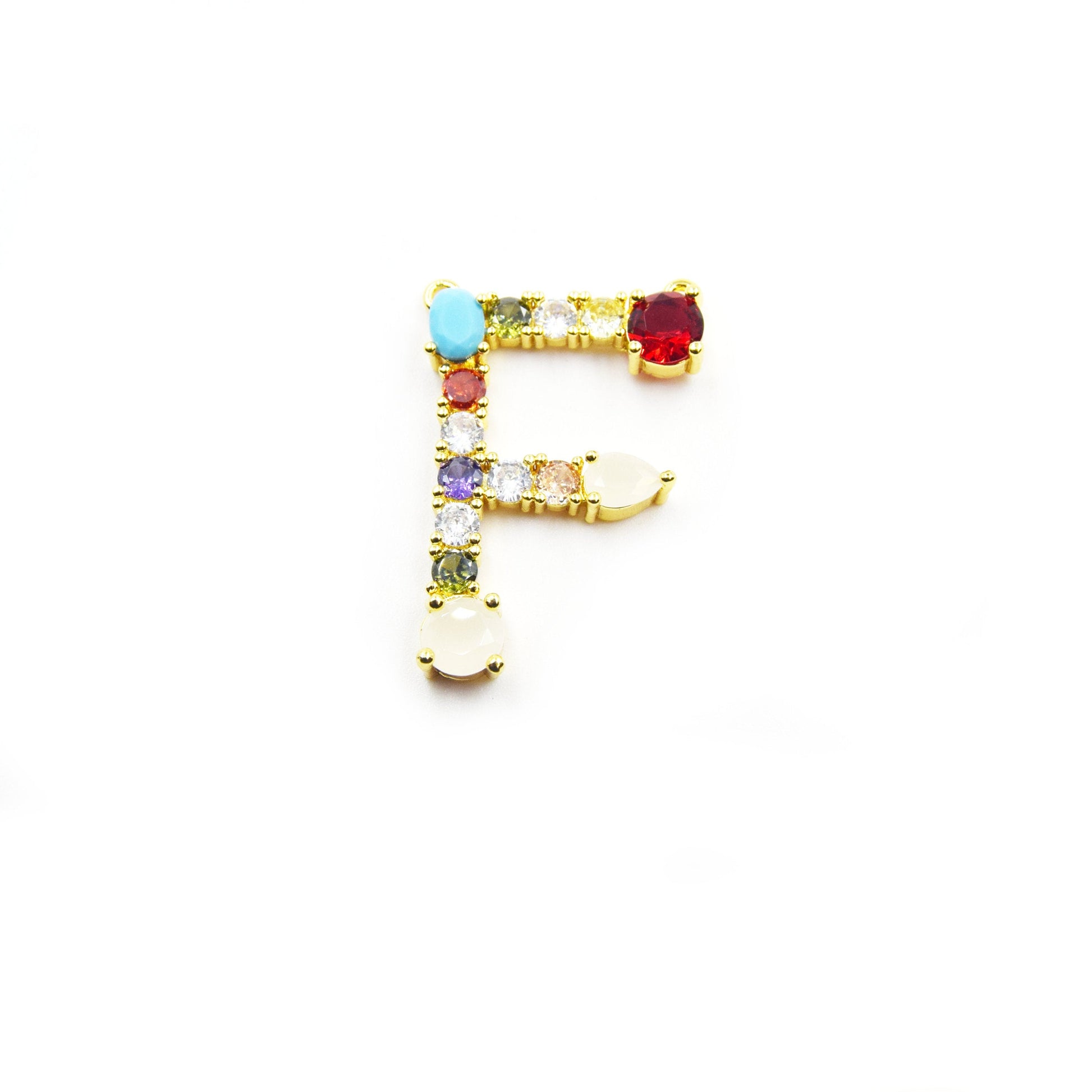 Gold Alphabet Rhinestone Pendant | Letter F Multi-color Rhinestone Pendant with Two Loops - 25mm x 40mm