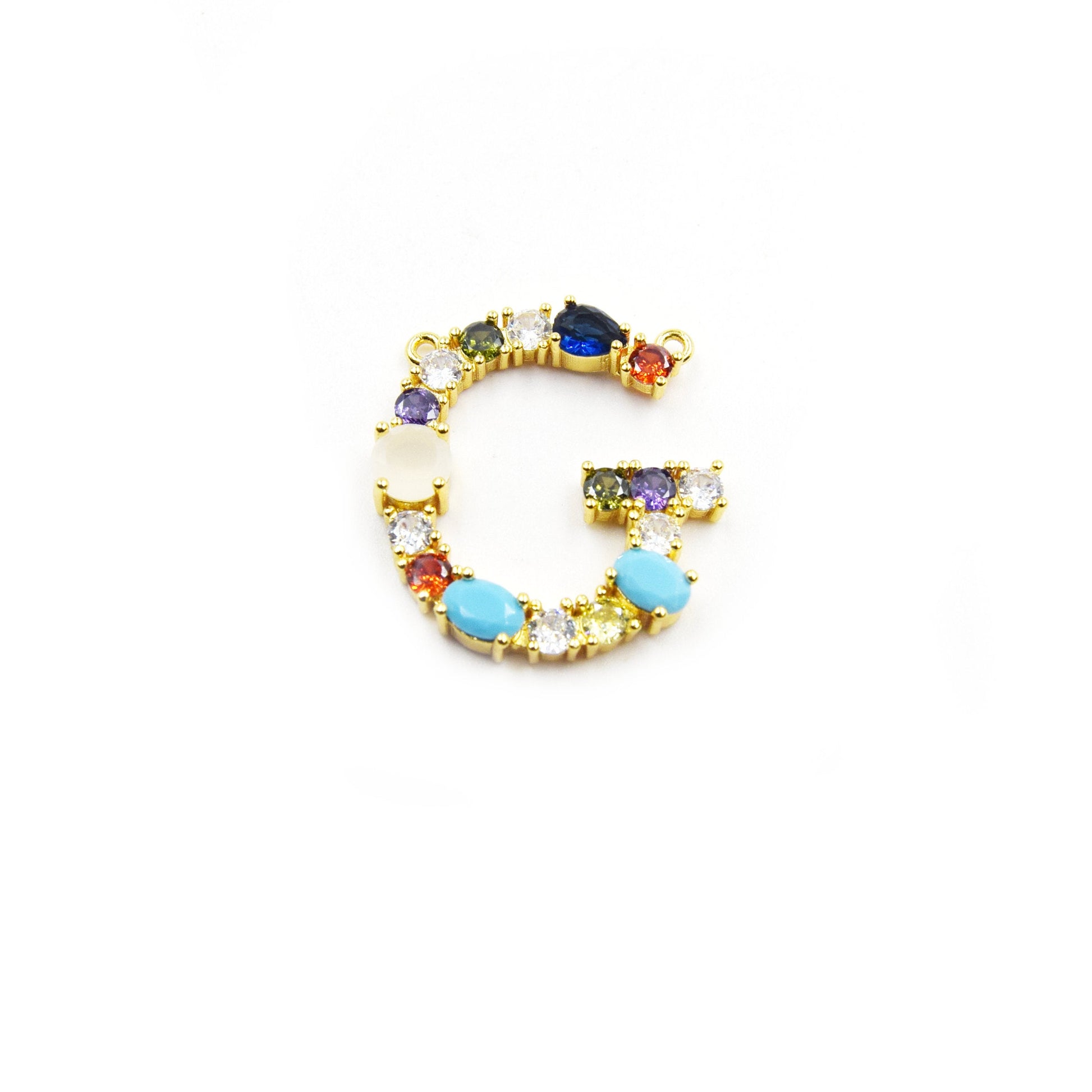 Gold Alphabet Rhinestone Pendant | Letter G Multi-color Rhinestone Pendant with Two Loops - 35mm x 35mm