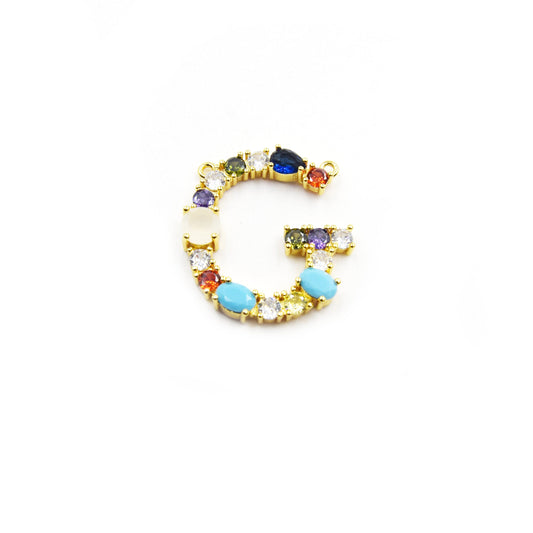 Gold Alphabet Rhinestone Pendant | Letter G Multi-color Rhinestone Pendant with Two Loops - 35mm x 35mm