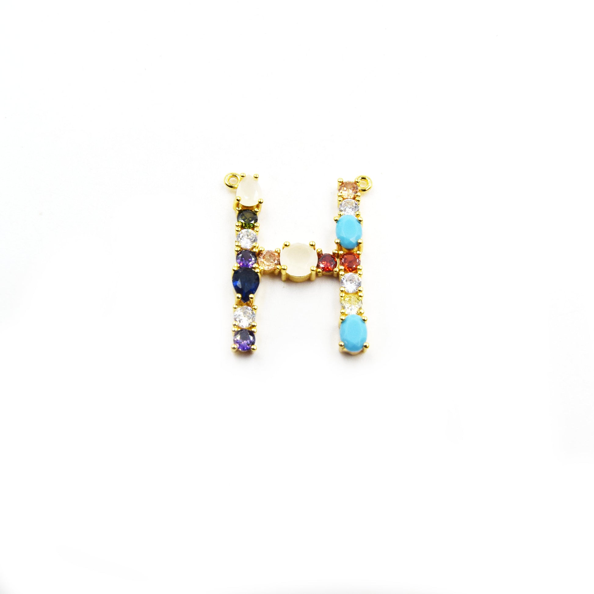 Gold Alphabet Rhinestone Pendant | Letter H Multi-color Rhinestone Pendant with Two Loops - 25mm x 35mm