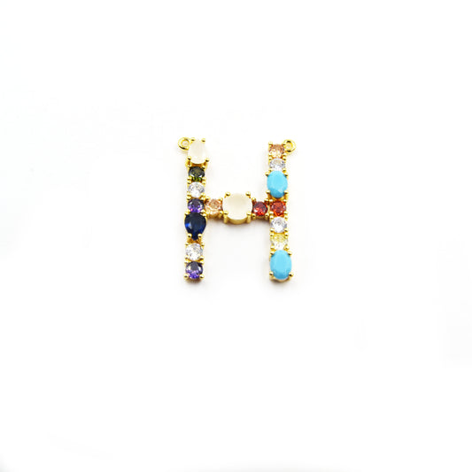 Gold Alphabet Rhinestone Pendant | Letter H Multi-color Rhinestone Pendant with Two Loops - 25mm x 35mm