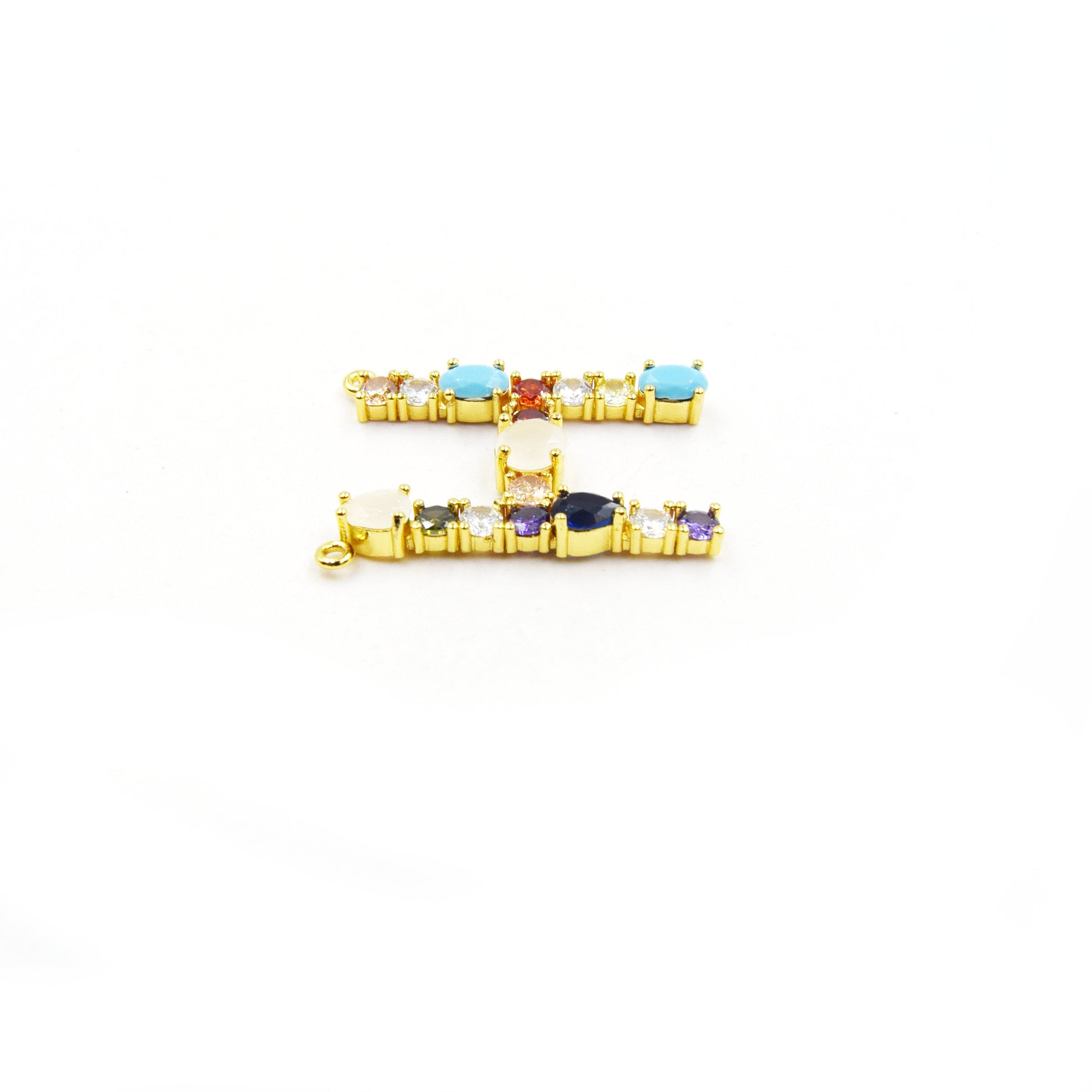Gold Alphabet Rhinestone Pendant | Letter H Multi-color Rhinestone Pendant with Two Loops - 25mm x 35mm
