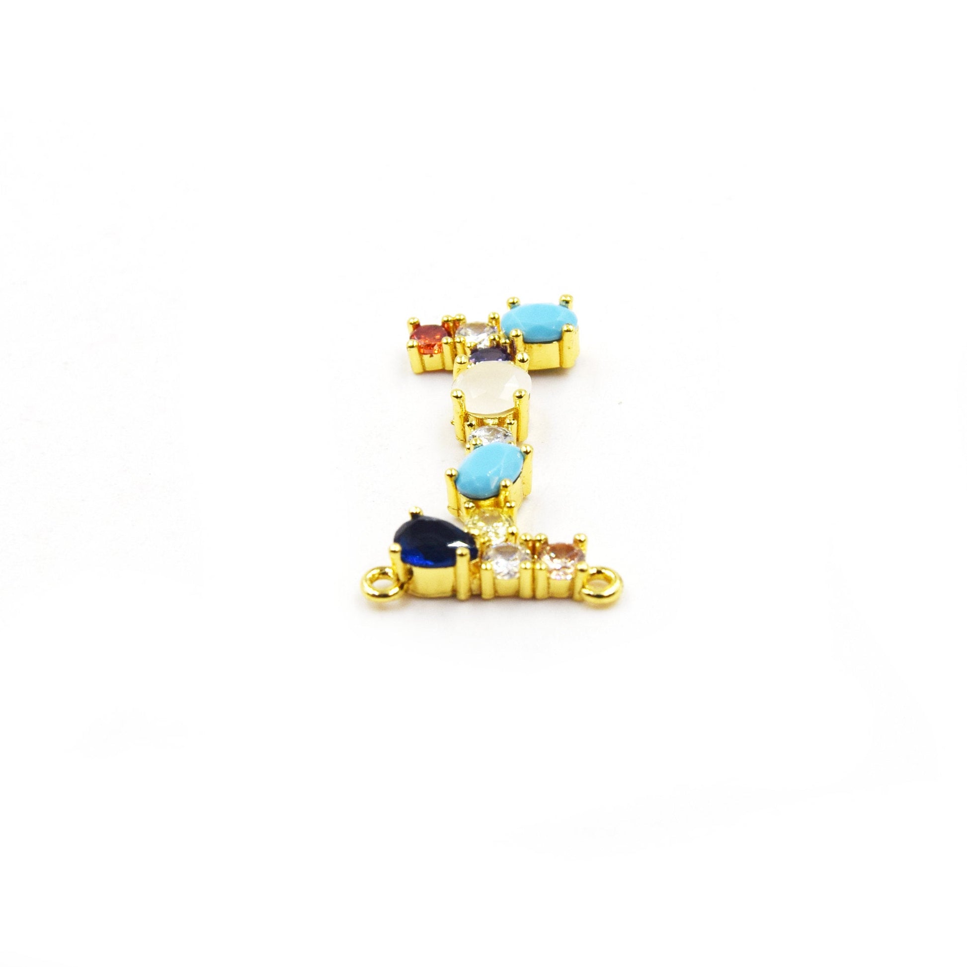 Gold Alphabet Rhinestone Pendant | Letter I Multi-color Rhinestone Pendant with Two Loops - 20mm x 35mm