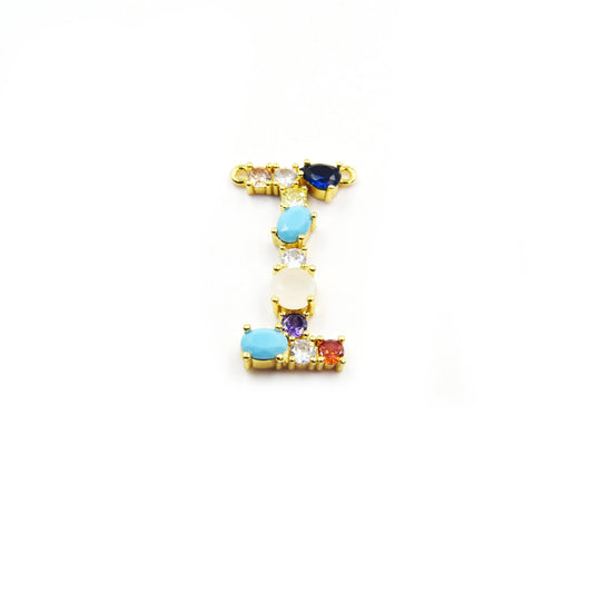 Gold Alphabet Rhinestone Pendant | Letter I Multi-color Rhinestone Pendant with Two Loops - 20mm x 35mm