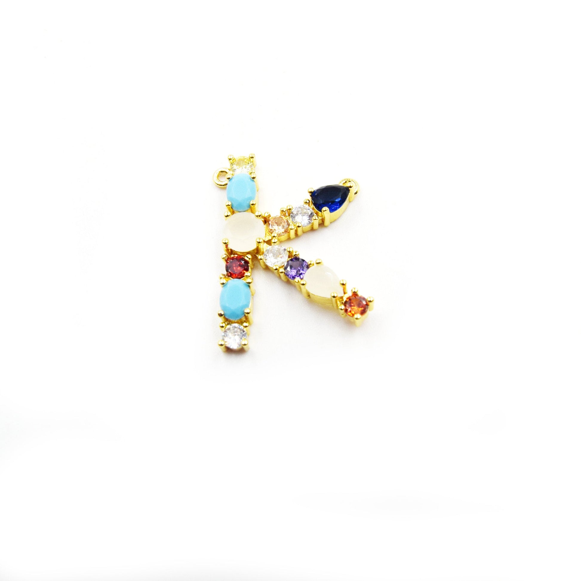 Gold Alphabet Rhinestone Pendant | Letter K Multi-color Rhinestone Pendant with Two Loops - 25mm x 35mm