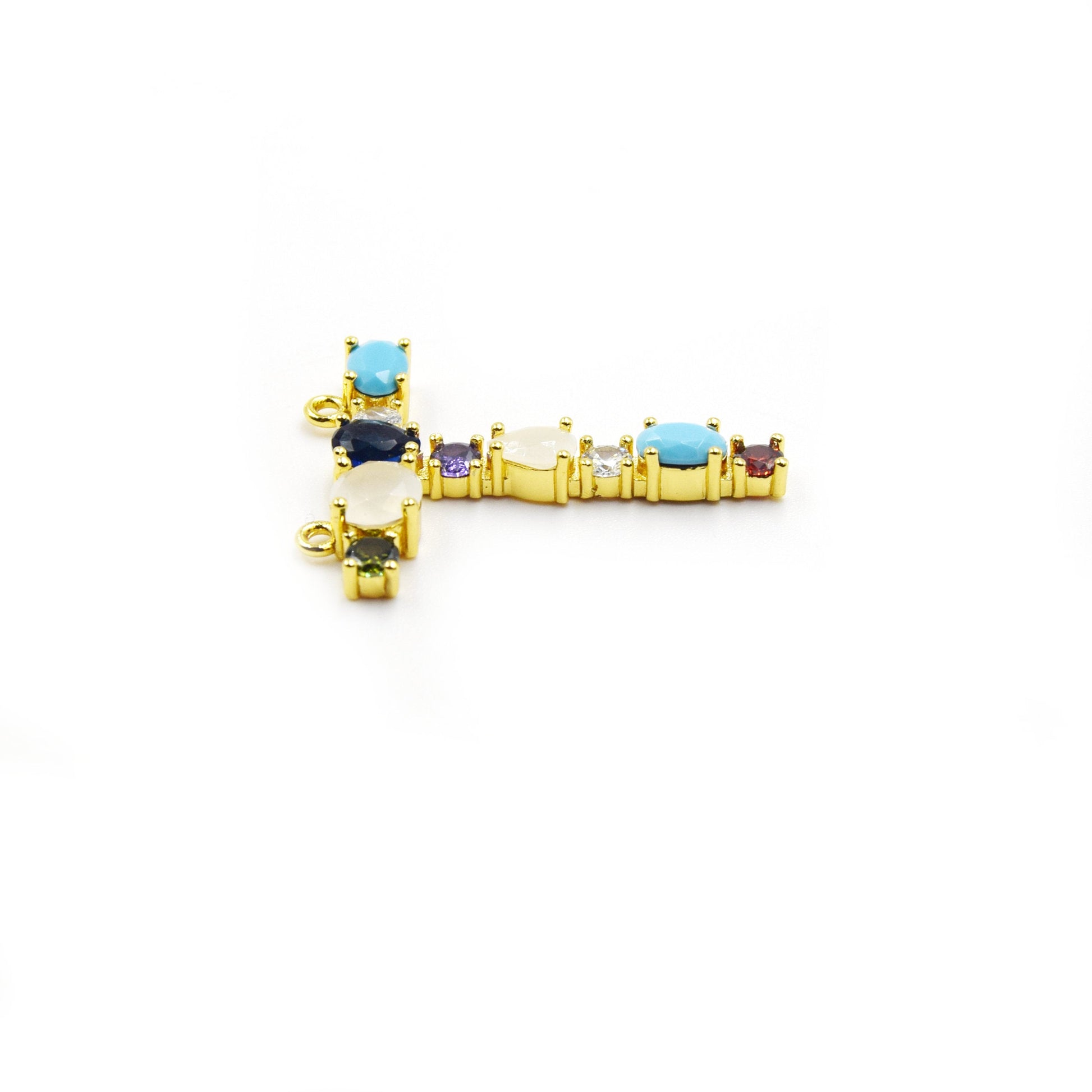 Gold Alphabet Rhinestone Pendant | Letter T Multi-color Rhinestone Pendant with Two Loops - 30mm x 35mm