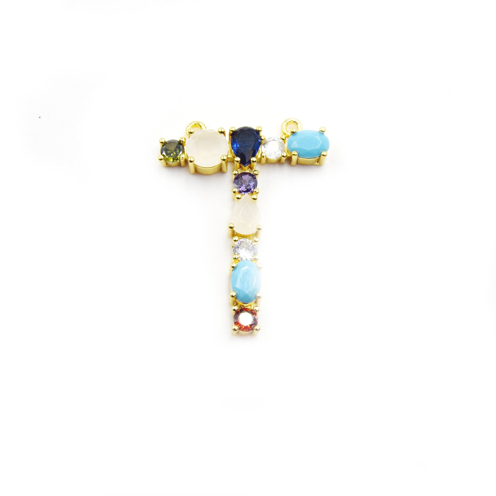 Gold Alphabet Rhinestone Pendant | Letter T Multi-color Rhinestone Pendant with Two Loops - 30mm x 35mm