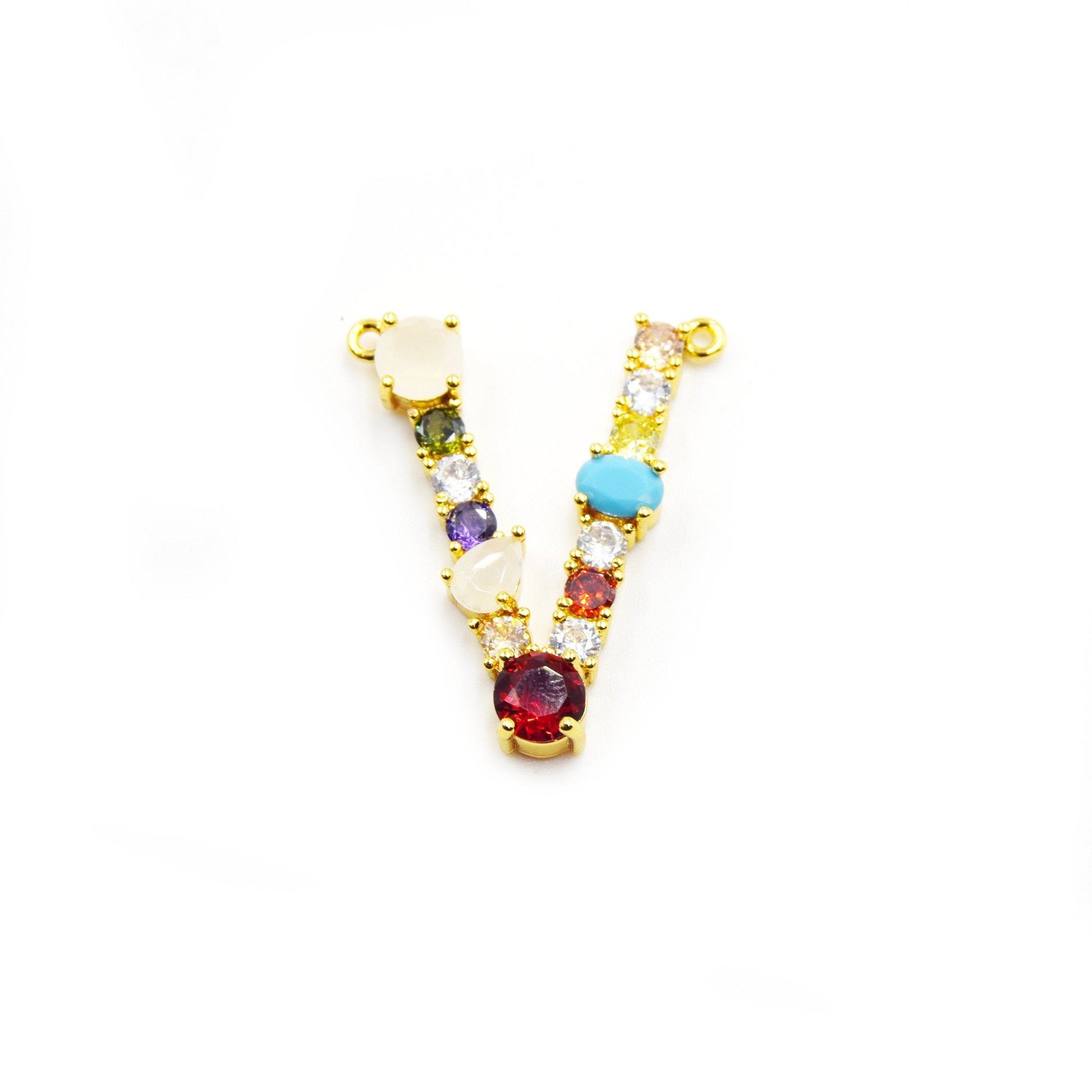 Gold Alphabet Rhinestone Pendant | Letter V Multi-color Rhinestone Pendant with Two Loops - 25mm x 35mm