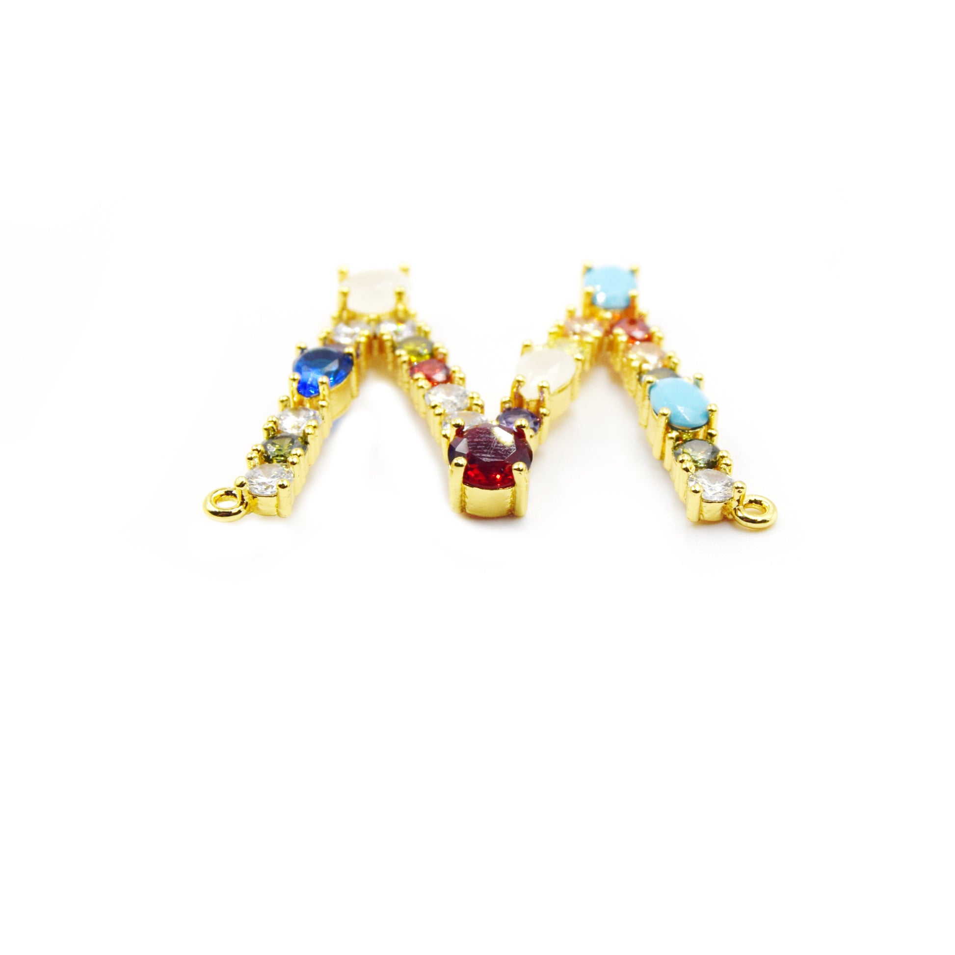 Gold Alphabet Rhinestone Pendant | Letter W Multi-color Rhinestone Pendant with Two Loops - 40mm x 35mm