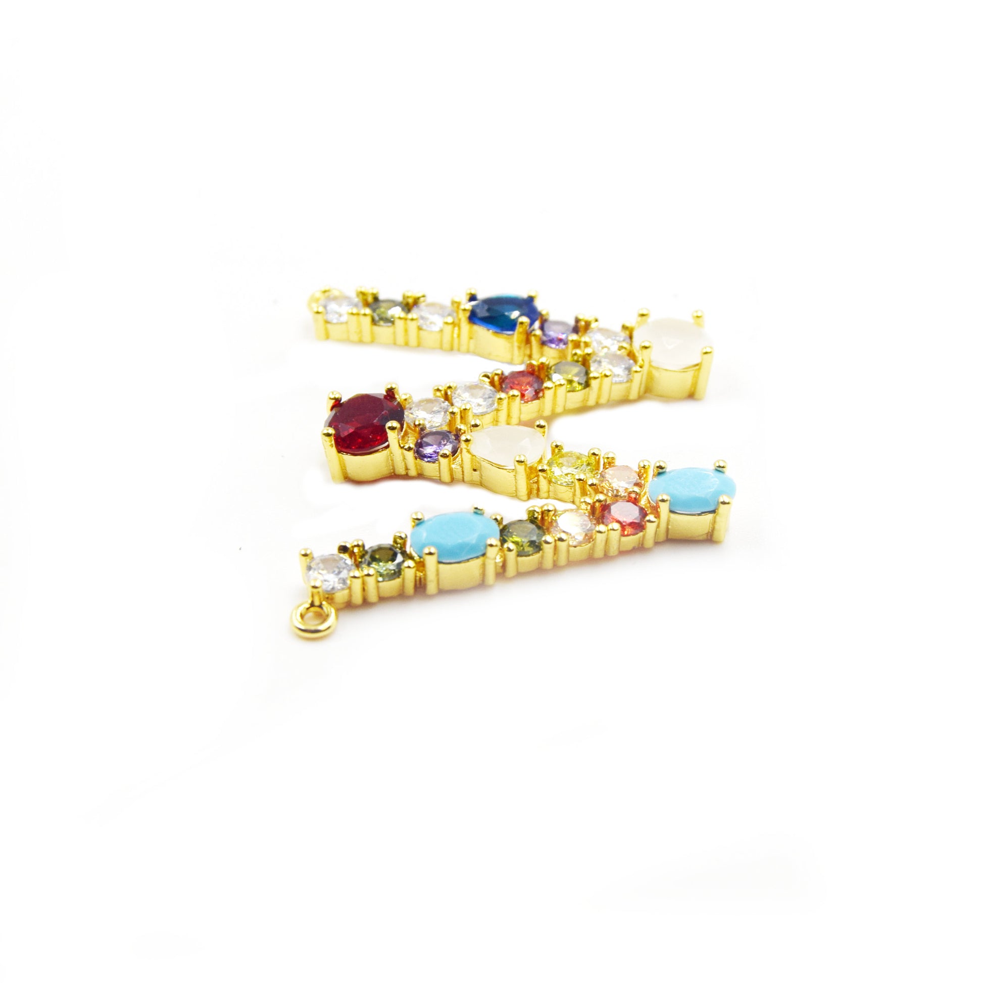 Gold Alphabet Rhinestone Pendant | Letter W Multi-color Rhinestone Pendant with Two Loops - 40mm x 35mm