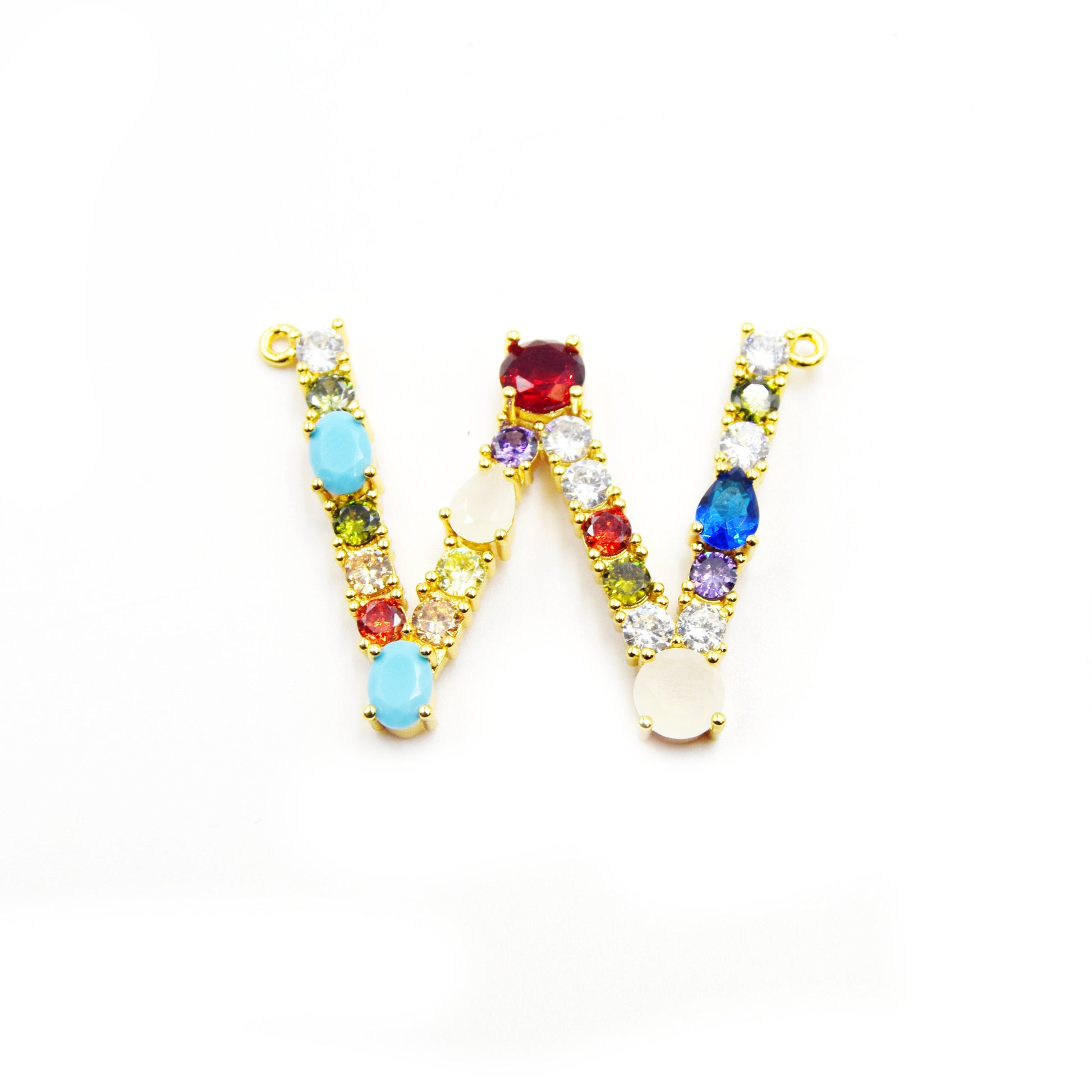 Gold Alphabet Rhinestone Pendant | Letter W Multi-color Rhinestone Pendant with Two Loops - 40mm x 35mm