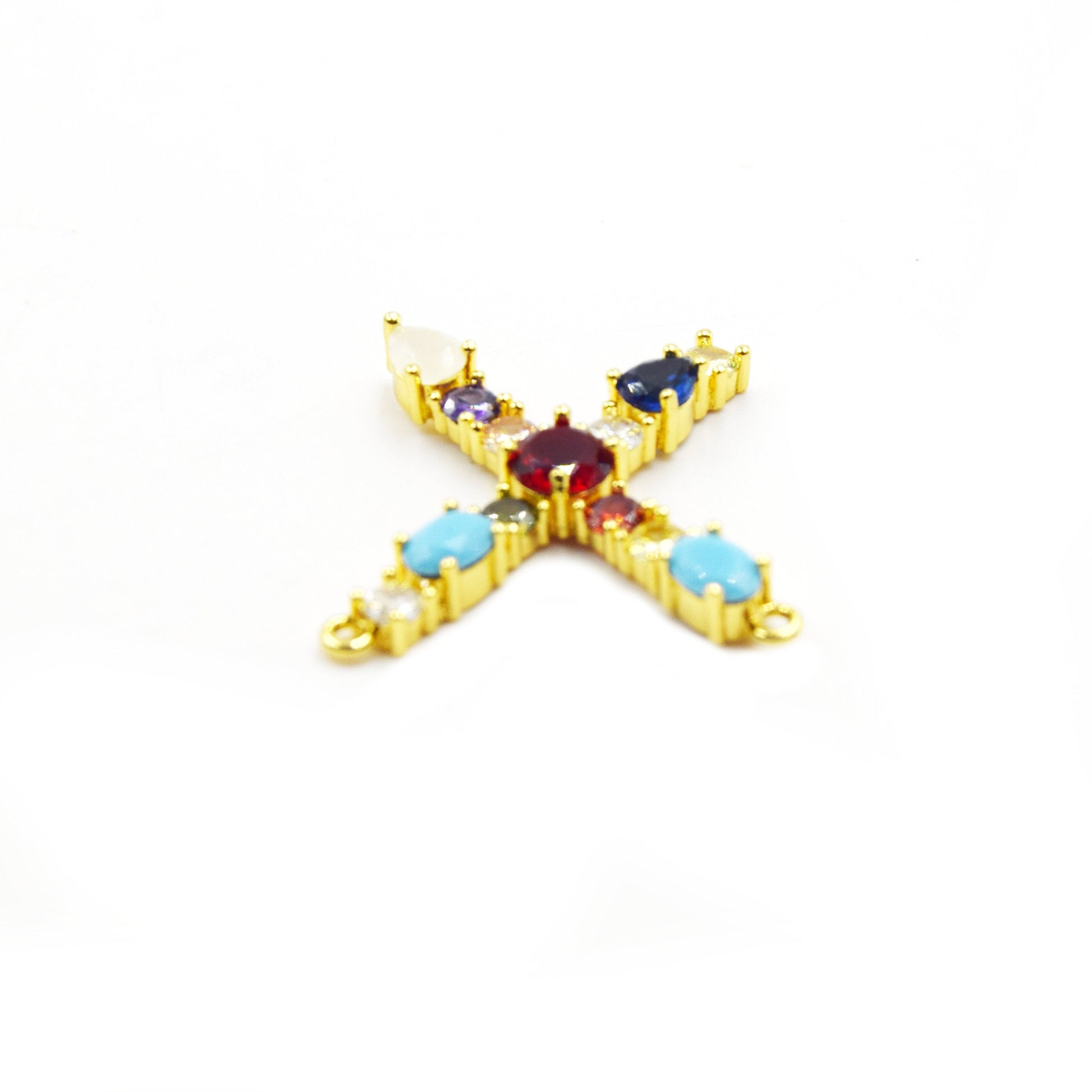 Gold Alphabet Rhinestone Pendant | Letter X Multi-color Rhinestone Pendant with Two Loops - 30mm x 30mm