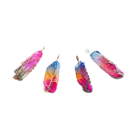 Mystic Aura Quartz Drop Pendant | Rainbow Quartz Teardrop Wire-Wrapped Tree of Life Pendants - Sold Individually/Random