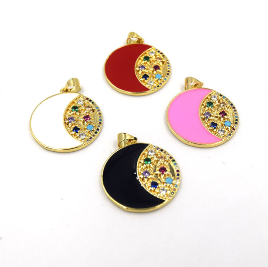 CZ Enamel Pendant | 23mm Enamel Half Moon with CZ Embellishment - White, Black, Red, Pink available