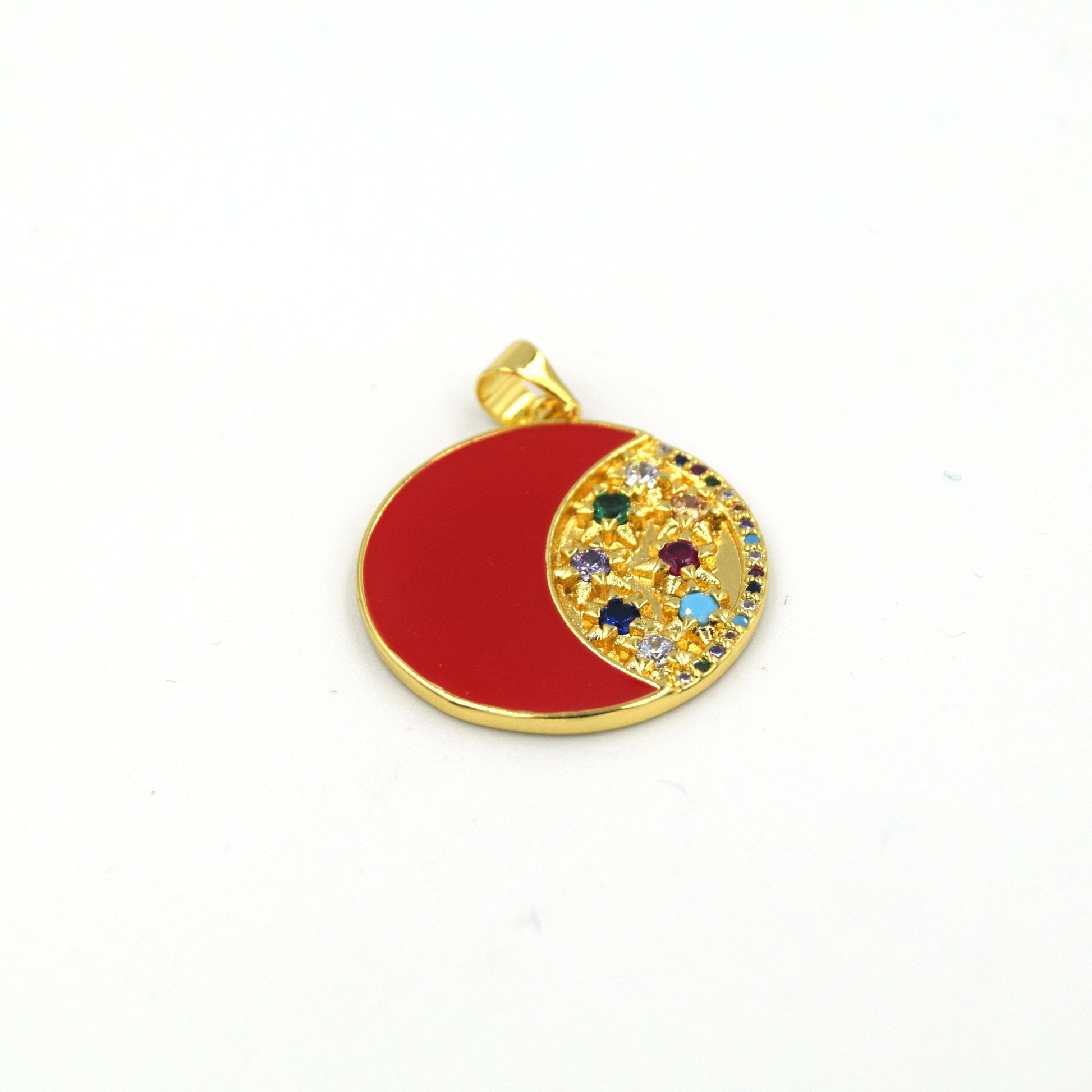 CZ Enamel Pendant | 23mm Enamel Half Moon with CZ Embellishment - White, Black, Red, Pink available