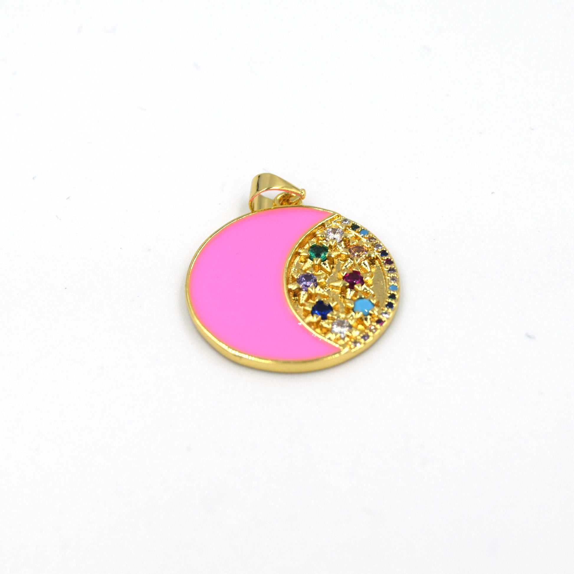 CZ Enamel Pendant | 23mm Enamel Half Moon with CZ Embellishment - White, Black, Red, Pink available