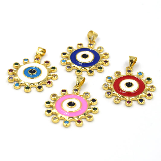CZ and Enamel Brass Pendant | 25mm Enamel Evil Eye with Multicolor Cubic Zirconia - White, Blue, Red, Pink available