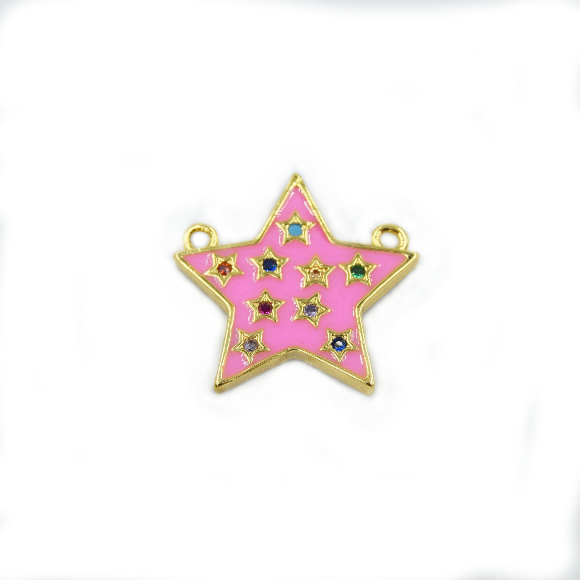 CZ and Enamel Brass Pendant | 22mm Pink Enamel Star Pendant with Multicolor Cubic Zirconia - Two Loops