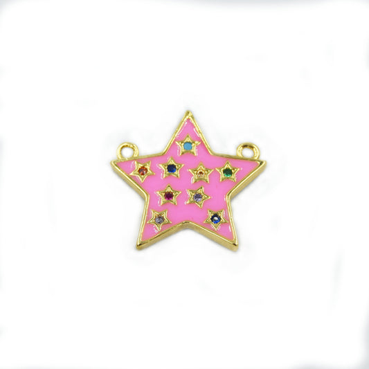 CZ and Enamel Brass Pendant | 22mm Pink Enamel Star Pendant with Multicolor Cubic Zirconia - Two Loops